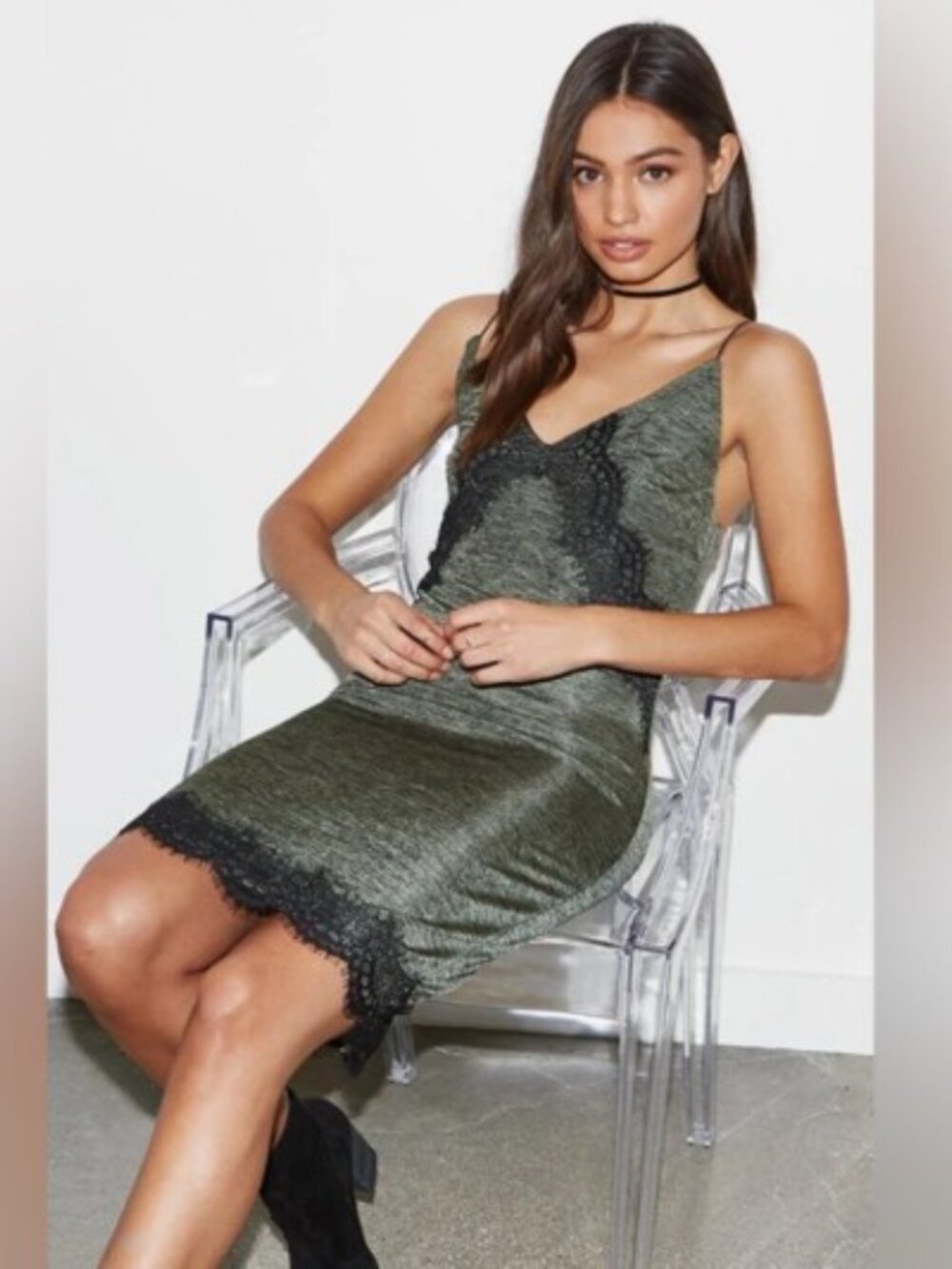 NWOT Kendall & Kylie Olive Dress with Lace Trim, S